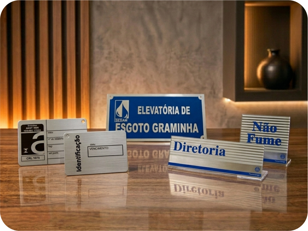 Placas e etiquetas de identificação industrial para máquinas, equipamentos, CPUs, aço inox, acrílico e ABS